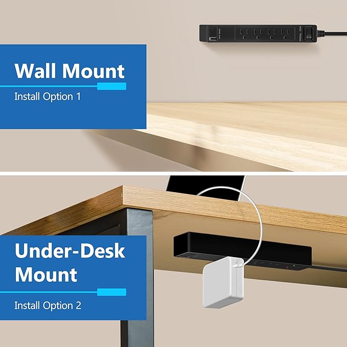 LIDER Surge Protected Outlet Extender, 4-Outlet Power Strip, 1 USB Type-A, and 1 USB Type-C Port, Surge Protect Up to 1500J, Ultra-Thin Wall Plate Plug with Cord Extender, 5ft Cord, ETL-Listed, Black