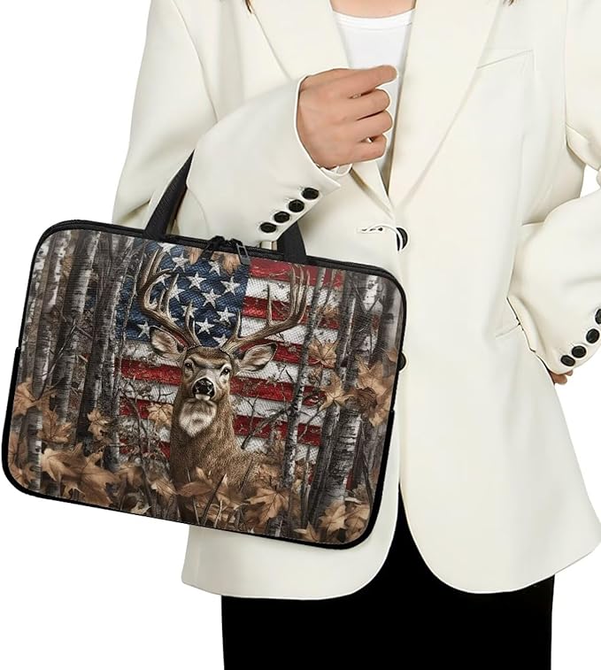 American Flag Deer Forest 17 Inch Laptop Sleeve for Men Women Portable Computer Bag with Handle Tablet Cover Laptop Tote Bag Carrying Case Handbag for Office Travel Business School