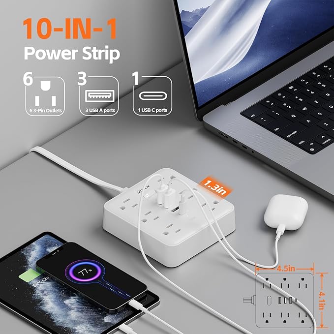 Surge Protector Power Strip(900J) -MCSCN 6 Outlets 4 USB（1C） - 15A/1875W -10ft Extension Cord,Ultra-Thin Plug & Cord - UL Certified - Desk/Home/Office Use