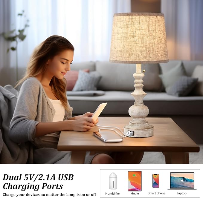 Drawealth Table Lamps for Bedrooms Set of 2 Farmhouse Bedside Lamps for Nightstand with USB Charging Ports Traditional Side Table Lamps for Living Room Wooden Finish, Pull Chain, Bulbs Not Included