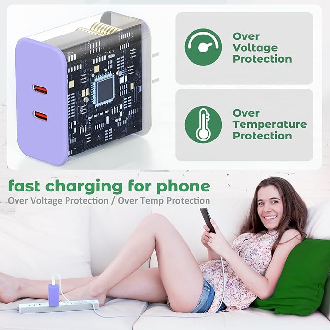 USB C Charger Block, 40W Dual Port Fast Charger 20W Type C Charging Block 3.1A USB Wall Charger Dual Port PD+QC Charging Cube for iPhone 15 16 14 13 12 11 Pro Max XS, iPad, Samsung Phone-Purple