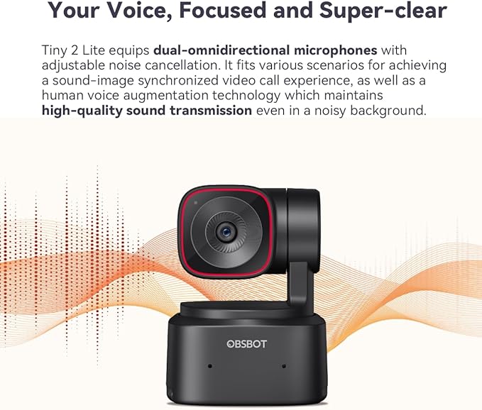 OBSBOT Tiny 2 Lite, PTZ 4K Webcam 1080P@60fps HDR, PC Camera with AI Tracking, Micros with AI Noise Cancellation, Tripod, Gesture Control, Auto Focus, Plug & Play, Ideal for Gaming or Streaming