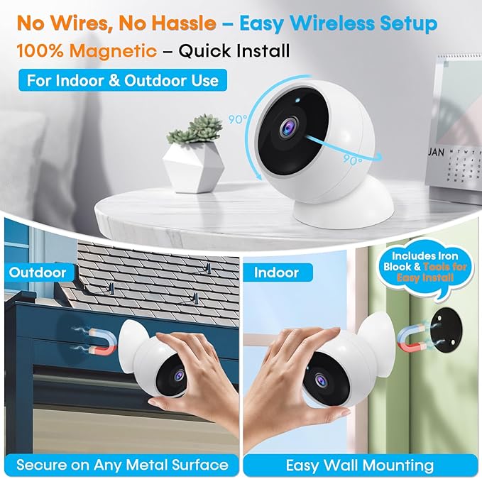 AMTIFO Security Cameras Wireless Outdoor Magnetic - 4-Pack Install-Free Indoor Smart 2K WiFi - Long Battery Life Powered Wireless Security Camera with AI Motion Detection