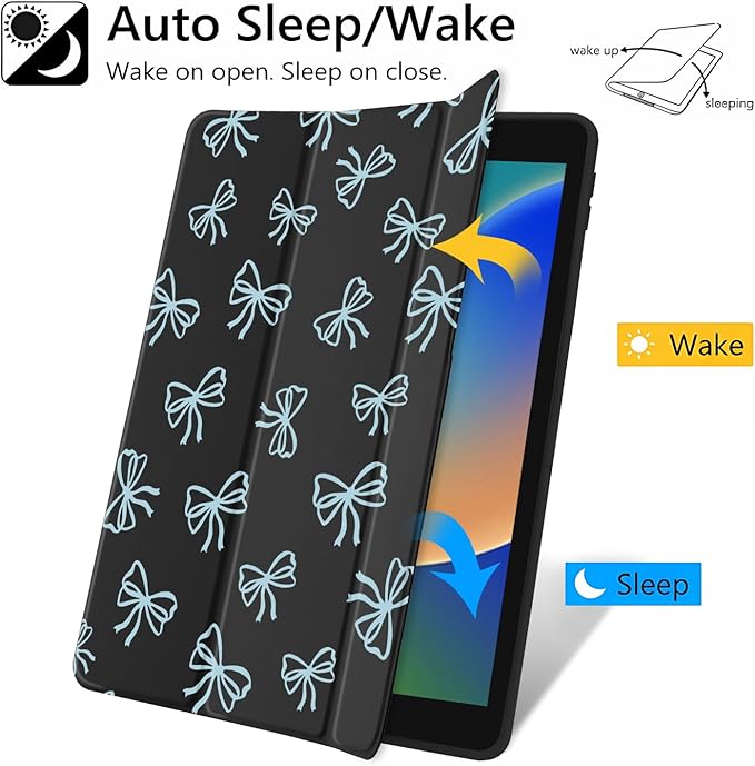 JOYLAND Blue Bow Pattern Case for iPad Pro 11" 4th/3rd/2nd/1st Generation (2022/2021/2020/2018), Clear Acrylic Hard Back Black Case with Pencil Holder Trifold Stand Tablet Cover