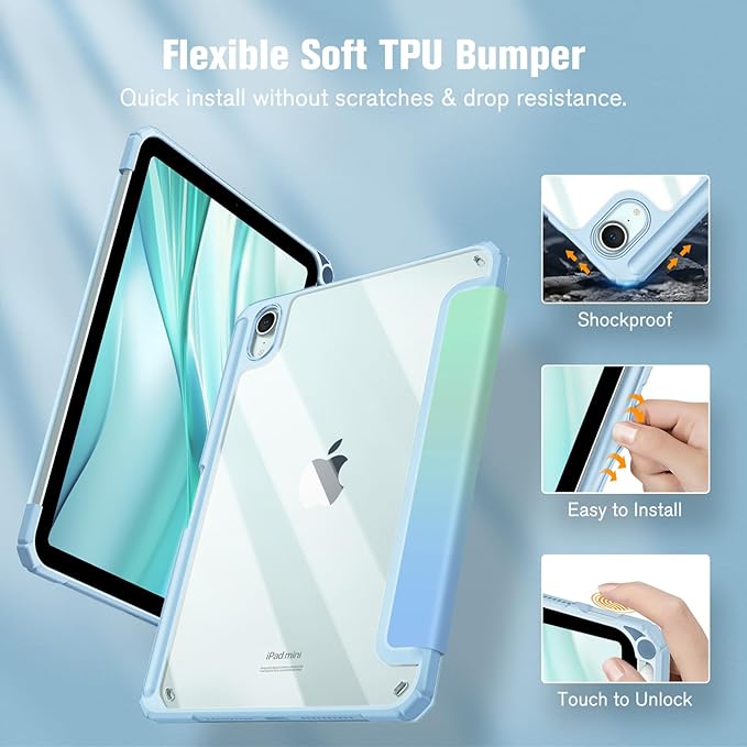Fintie Hybrid Slim Case for iPad Mini 7 (A17 Pro, 7th Generation) 2024 / iPad Mini 6 (6th Gen) 8.3 Inch, [Built-in Pencil Holder] Shockproof Cover Clear Transparent Back Shell, Seaside Ombre