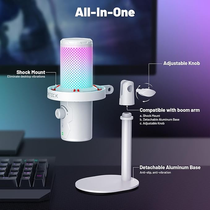 CMTECK USB Microphone for PC Gaming, Condenser Gaming Microphone with Quick Mute, RGB Indicator, Plug and Play, Desk Podcast Mic for Studio Recording, YouTube, Streaming, Compatible with PS4/5/PC