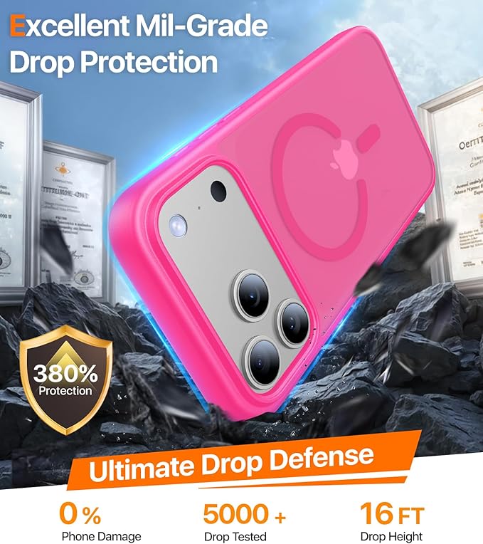 Magnetic for iPhone 17 Pro Case,[Anti-Slip][Compatible with MagSafe][Military Grade Drop Protection] Shockproof Protective Translucent Matte Phone Case for iPhone 17 Pro Case,Hot Pink