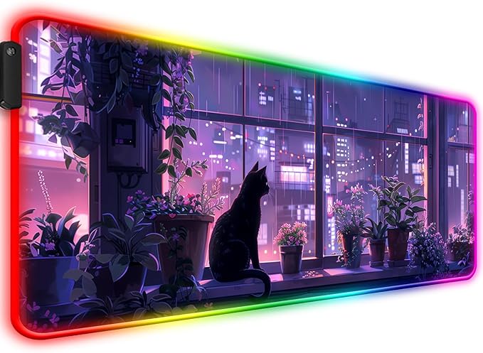 RGB Japanese Anime Cute Cat and Plant Gaming Desk Mat, Computer Keyboard Large Extended Kawaii Animal LED Mouse Pad for Office and Home, 31.5×11.8 Inches, XL, Purple