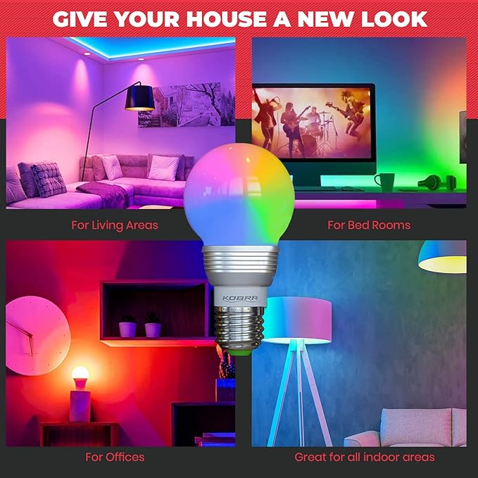 Kobra LED Color Changing Light Bulb with Remote Control - 16 Different Color Choices Smooth, Fade, Flash or Strobe Mode - Smart Remote Lightbulb - RGB & Multi Colored