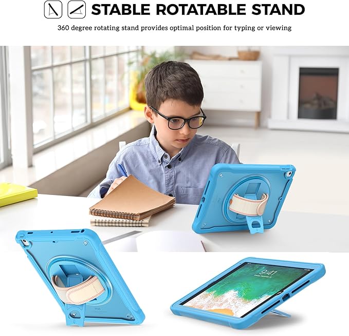 ProCase Rugged Case for iPad 9.7 Inch 5th 6th Gen/iPad Air 2 / iPad Pro 9.7 Case, Heavy Duty Shockproof Rugged Cover with Hand Strap 360 Degree Rotatable Kickstand Protective for iPad 9.7" -Blue