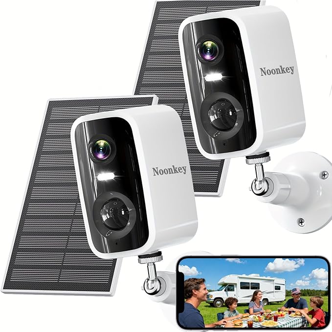 Noonkey 2 Pack Solar Security Camera Outdoor Wireless, 4MP HD Full Color Night Vision, 2.4/5GHz WiFi Home Security Camera with AI Motion Detection & Siren, 2-Way Audio, Alexa, No Wiring, Weatherproof