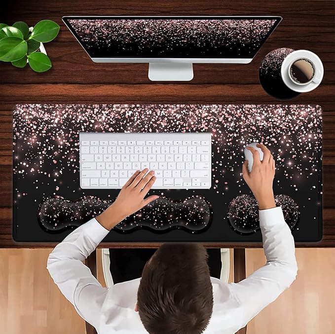 Large Gaming Mouse Pad (31.5x11.8 in) Rubber Base XXL Mousepad with Stitched Edges, Ergonomic Keyboard Wrist Rest, Extended Mouse Mat Desk Pad for Work, Game, Office, Rose Gold Glitter Black Mousepad