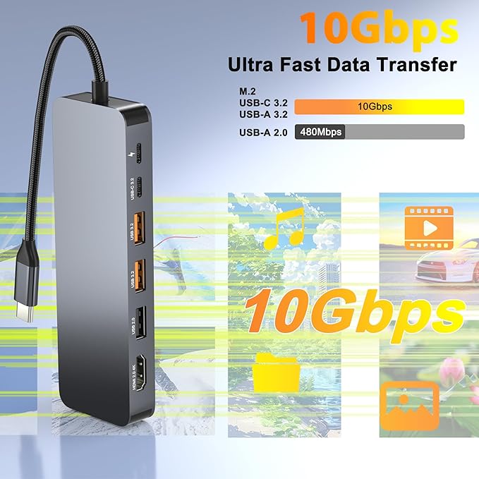 USB C Docking Station with M.2 NVMe SSD Enclosure 10Gbps, 9 in 1 USB-C Hub, Type C SSD Slot with 4K@60Hz HDMI, USB 3.2 Gen2, PD100W, SD/TF Card Reader, Laptop Docking Station for Dell/HP/Lenovo/Mac