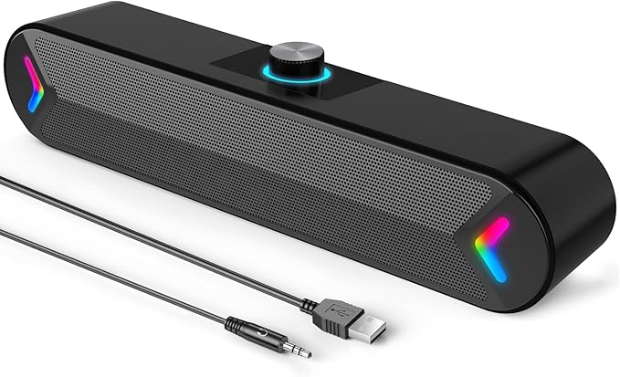 LENRUE Computer Speakers,PC Speakers for Desktop,Wired USB-Powered Sound-bar for Computer with 10W Stereo Sound and Colorful Light,Plug-n-Play (A39PRO /Black)