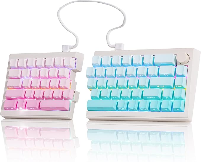 ZORNHER ST68 Wireless Ergonomic Split Mechanical Keyboard,65% Pink & Blue Custom Creamy TKL Keyboard with Knob,Lighted Up PBT Keycaps,Pre-lubed Linear Switches,Hot-Swappable,RGB Backlit