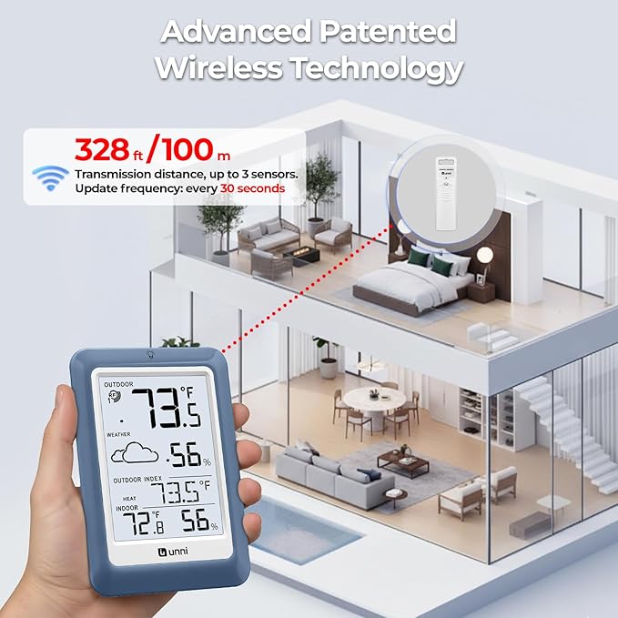 Indoor Outdoor Thermometer Hygrometer Wireless Weather Station, Temperature Humidity Monitor Battery Powered Inside Outside Thermometers with 330ft Range Remote Sensor(Blue)