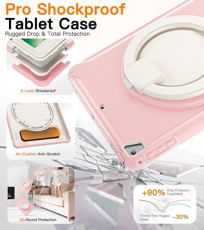 BATYUE Case for iPad 6th Generation 9.7 inch 2018, iPad 5th Gen 2017, iPad Air 2/ iPad Pro 9.7'',Shockproof Protective Cover with Pencil Holder &Rotating Kickstand,for Kids,Girls (Cheery Pink)