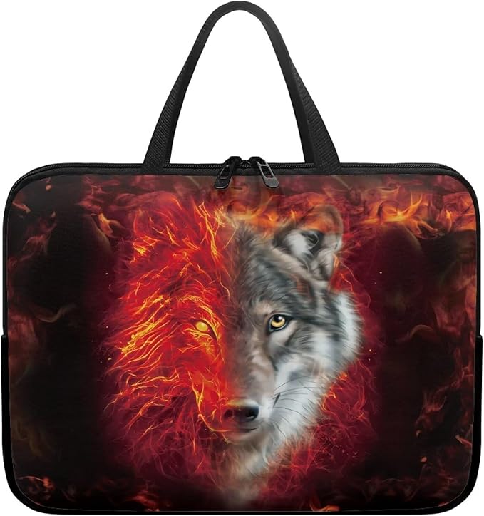 Flaming Wolf Laptop Case 13 Inch Sleeve, Protective Computer Covers with Accessory Pocket, Wildlife Animal Compatible Sleeve Bag for Most 10-17 Inch Notebooks, Black & Red