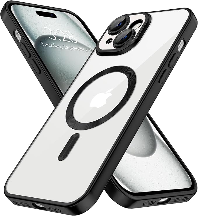 Hython Magnetic Clear for iPhone 15 Case with Camera Lens Protector [Compatible with MagSafe] Luxury Plating Edge Slim Soft TPU Cover Protective Phone Case for iPhone 15 6.1", Matte Black