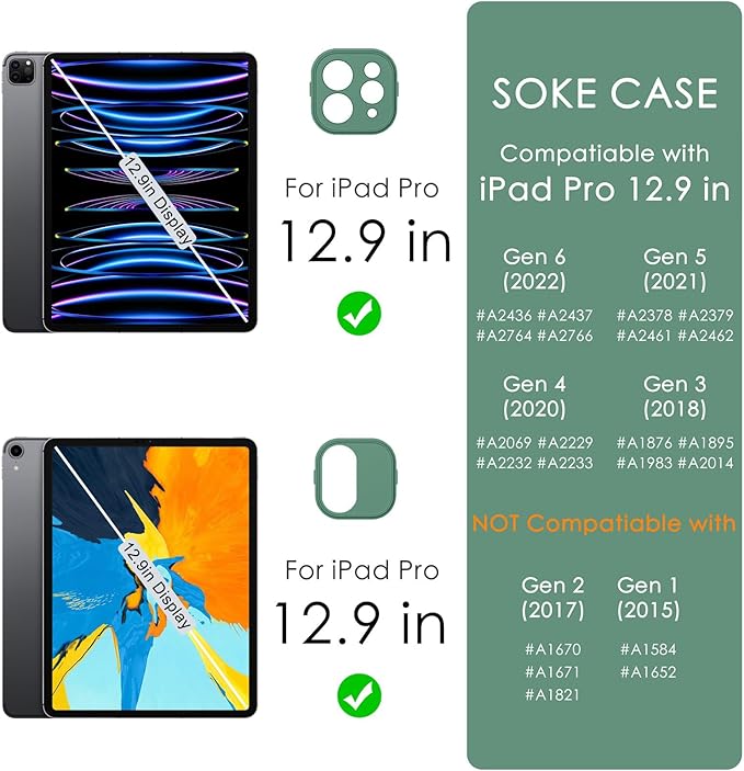 Soke Case for iPad Pro 12.9 Inch (6th/5th/4th/3rd Generation, 2022/2021/2020/2018) - Pencil Holder + Auto Sleep/Wake + Camera Protection, Transparent Shockproof Back Cover,Pine Green