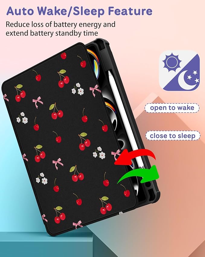 Uppuppy for iPad Pro M4/M5 Case 11 inch - 360 Degree Rotating Stand Folio Smart Cover with Pencil Holder for Women Girls, Cherry and Bow Flowers for iPad Pro 11 inch Case 2024 M4/2025 M5
