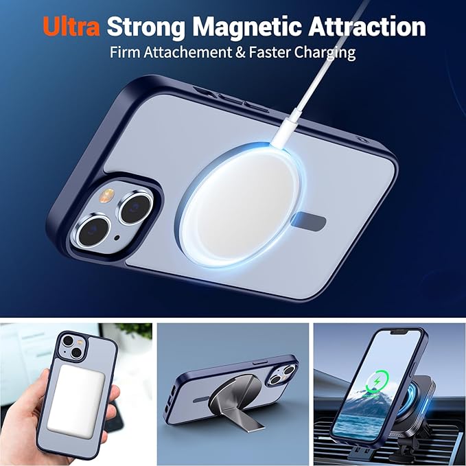SUPFINE Magnetic for iPhone 15 Plus Case & iPhone 14 Plus Case(Compatible with MagSafe)(10 FT Military Grade Drop Protection) Slim Translucent Shockproof Phone Case,Navy Blue