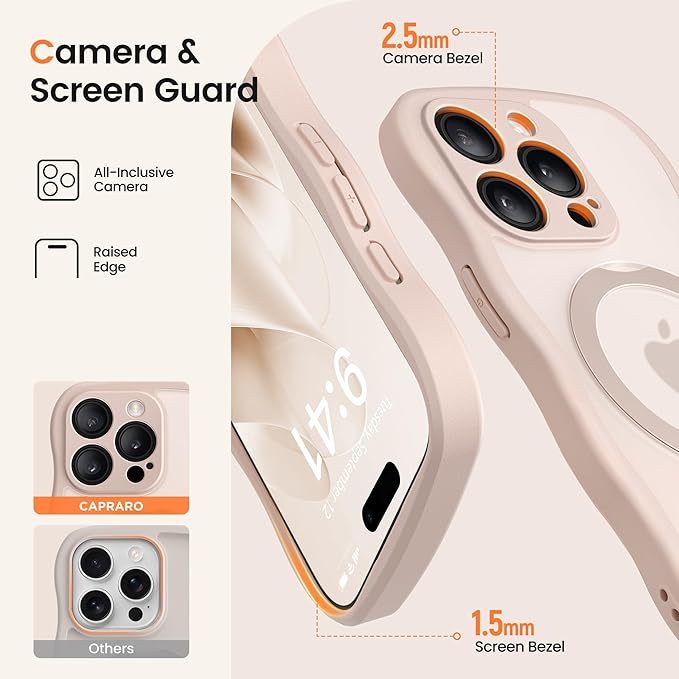 CAPRARO for iPhone 13 Pro Case with 360° Spin Magnetic Stand for Women, [Compatible with MagSafe] [Full Camera Protection] Cute Wave Translucent Matte Case for iPhone 13 Pro, Rose Gold