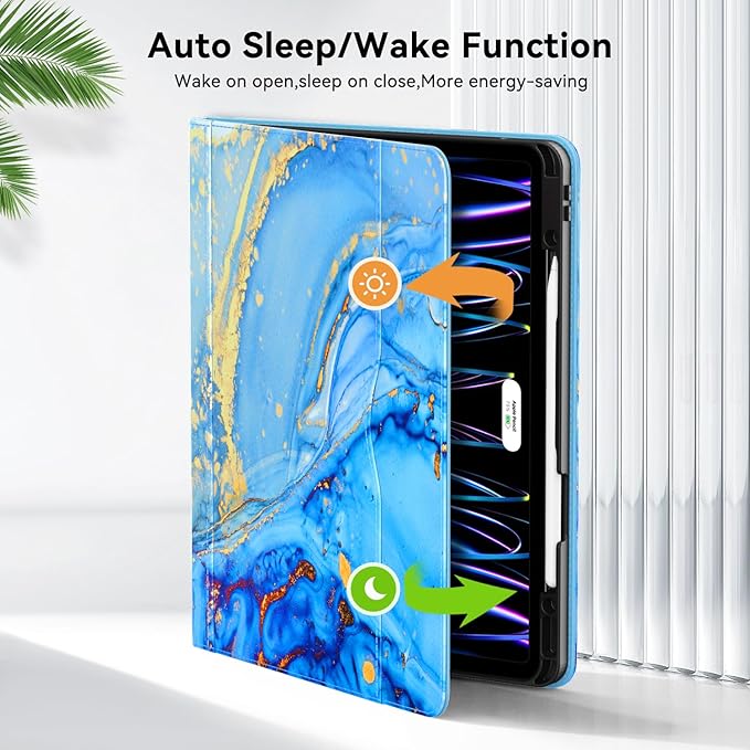 Zonefoker Case for New iPad Pro 12.9 inch 6th/5th/4th/3rd Generation 2022/2021/2020/2018, 12.9'' ipad Pro Leather Folio Protective Cover 6/5/4/3 Gen with Pencil Holder, Auto Wake/Sleep, Marble Blue