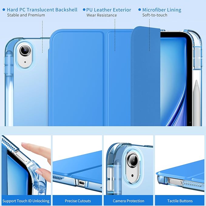 MoKo for iPad Air 11 inch Case (M4/M3/M2) 2026/2025/2024, iPad Air 5th/4th Gen 10.9 inch Case 2022/2020 with Pencil Holder, Slim Light Trifold Cover with Hard PC Translucent Back Shell, Blue Wave