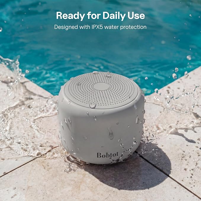 Bobtot Portable Bluetooth Speakers with Strap Easy to Carry, Wireless Waterproof Mini Speaker with Loud Stereo Sound, 20 Hours Playtime, Rechargeable Battery, Built-in Microphone, Light Gray
