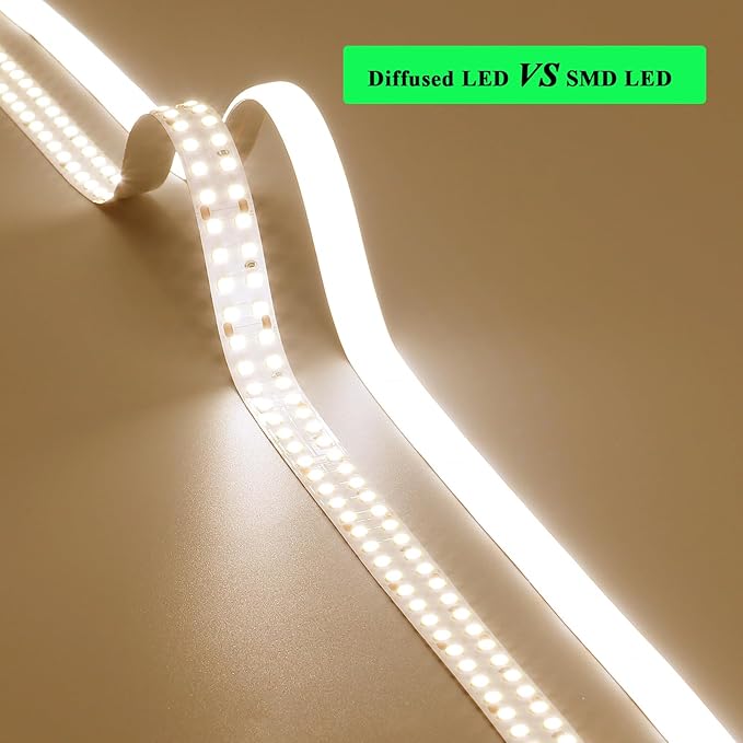 JOYLIT 24V Diffused LED Strip Lights Dual Row 16.4FT 560LEDs/M 3000K Warm White IP65 Waterproof, CE UL Professional 601LM/FT Super Bright Dotless Dimmable Adhesive LED Tape 12MM Wide 24W/M CRI 92