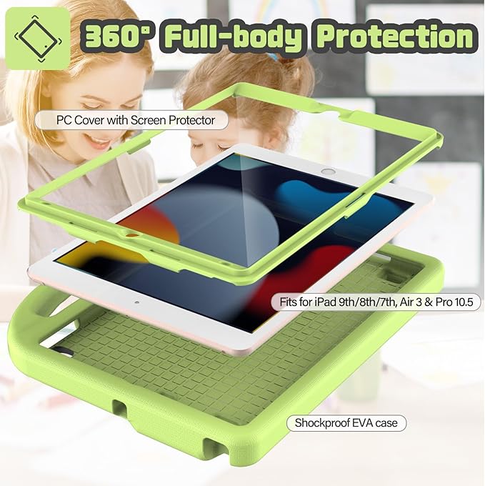 YIHE Kids Case for iPad 9th/8th/7th Generation, iPad Pro 10.5 & Air 3, Shockproof Protective Cover with Handle Stand & Screen Protector for 10.2/10.5 Inch iPads, Light Green