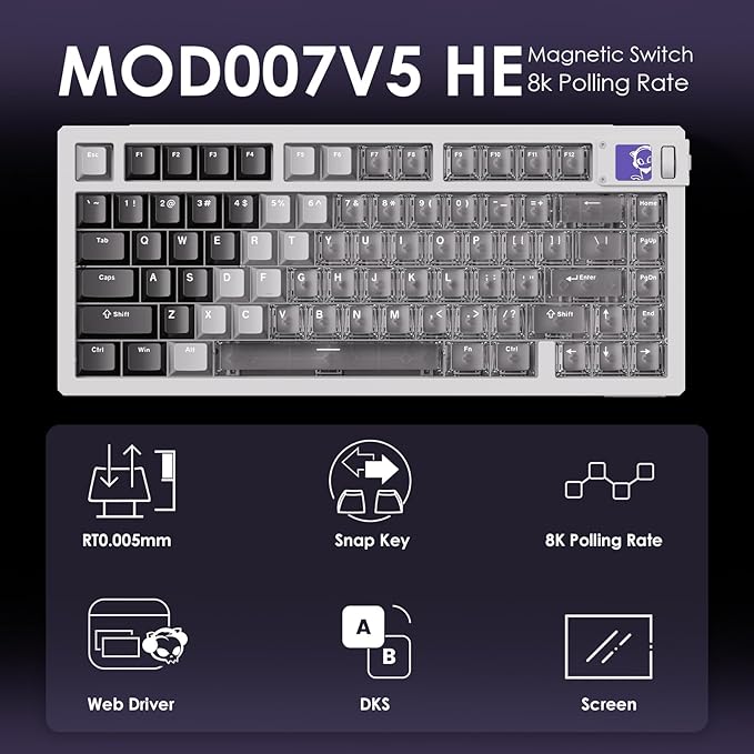 Akko MOD007 V5 HE Wired Rapid Trigger Gaming Keyboard Quick Release Aluminum Wired Keyboard with Personalized Screen FR4 Plate White, Astrolink Switch
