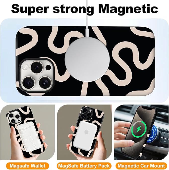 Magnetic for iPhone 15 Pro Case Cute Curved Stripes Phone Case, Shockproof Slim TPU and Hard PC Protective Phone Cover Compatible with MagSafe Designed for Women Girls,Black