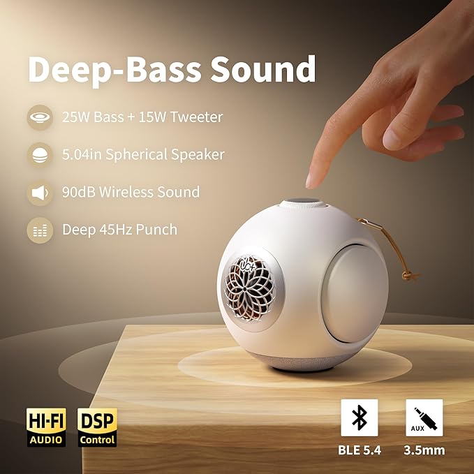 UB+ dBMiNi Waterproof Portable Bluetooth Speaker, 40W Peak Dual Subwoofers Deep Bass Wireless Speaker for Outdoor/Garage/Home/Office, IPX5 Rugged Travel Speaker (Pearl White)