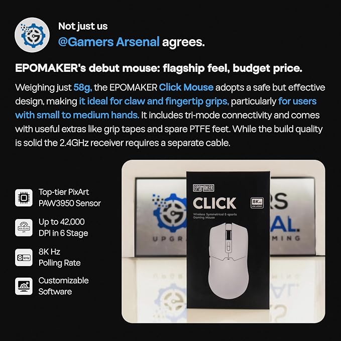 EPOMAKER Click Gaming Mouse Wireless 2.4Ghz/BT/Type-C, 800 to 42,000 DPI Adjustable, 8K Polling Rate, 500mAh, Lightweight Optical Mouse, for PC/Mac/Linux (White)