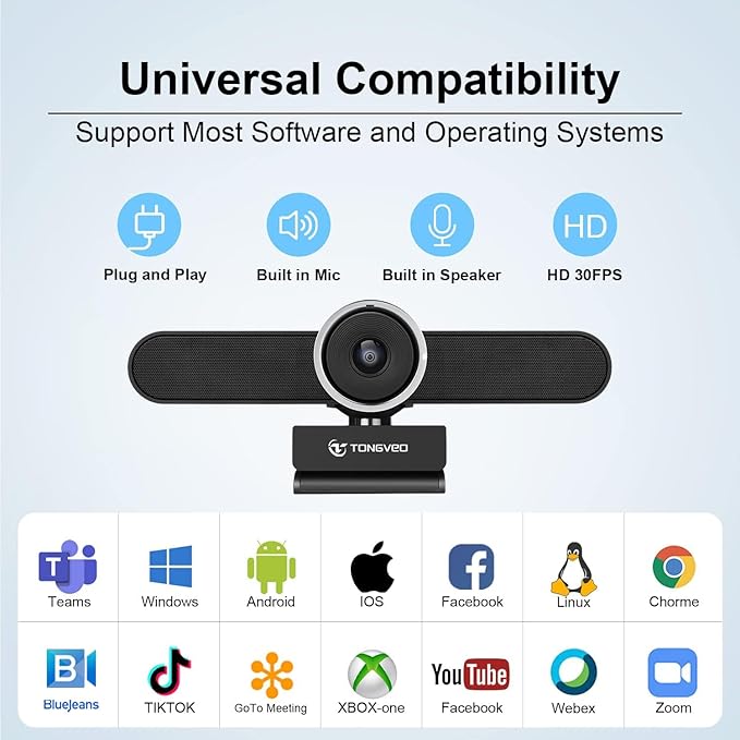 4K Webcam Conference Call TV Room Web Camera with Dual Microphones &Speaker, | All-in-One USB Video Camera, 116° Wide Angle, AI Auto Framing | Compatible with Zoom, OBS