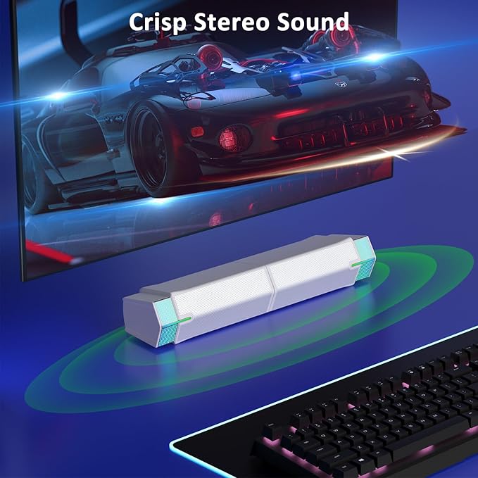 Jeecoo M20 Bluetooth Computer Speakers for PC Desktop Monitor, Gaming PC Sound Bar - Wired USB-Powered, Superb Stereo Sound, with LED Lighting (White)
