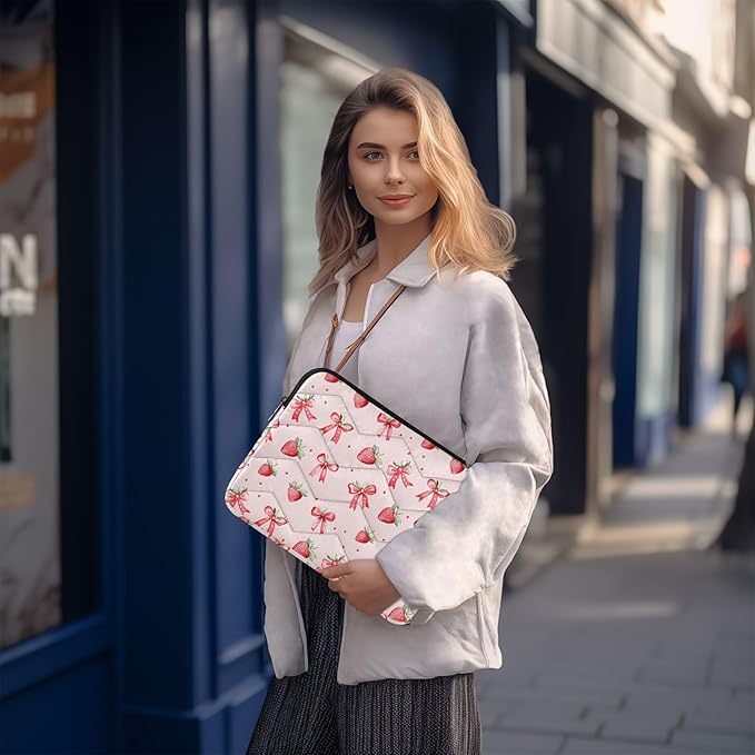 Laptop Case Sleeve, Pink Strawberries Bows Pattern Shockproof Protective Computer Carrying Cover, Briefcase Handbags 13-13.3inch Laptop Sleeve Bag