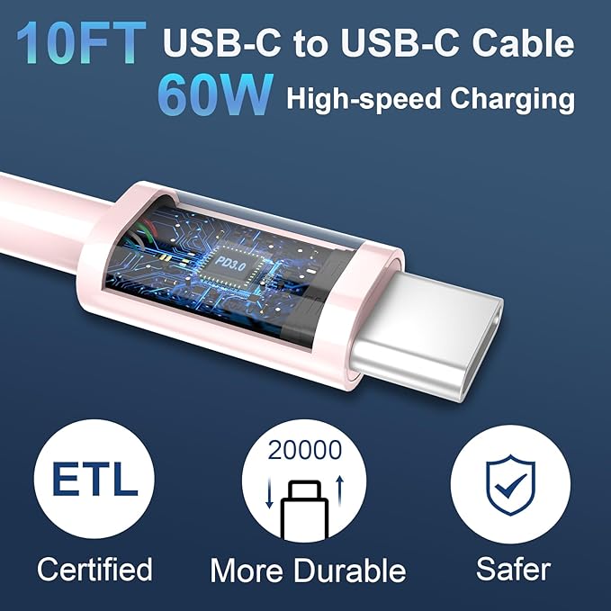Phone 17 16 15 Charger 10FT, 20W Dual Port USB C Fast Charging Block with 10FT Long USB C to C Charging Cable Cord for Phone 17 16 15 Pro Max/17 16 15 Pro/15/15 Plus,Pad Pro