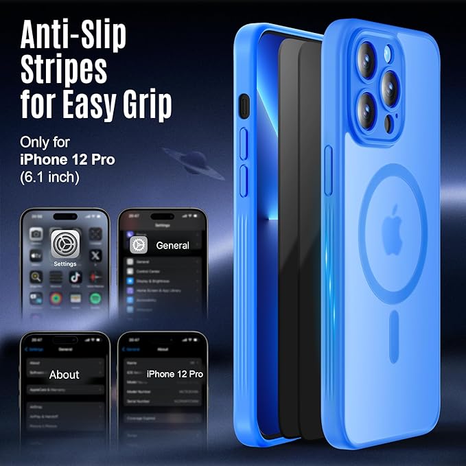 Symcele Designed for iPhone 12 Pro Case, Compatible with MagSafe, with Privacy Screen Protectors X2, [Camera Protection] [15FT Military Drop Protection] Shockproof Phone Case, 6.1", Blue