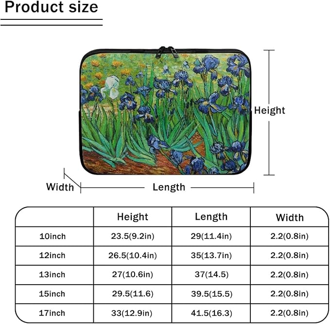 Irises Painting Laptop Sleeve 12 Inch for Women Exquisite Van Gogh Painting Pattern Computer Bag with Funny Design Lightweight Multiple & Neatly Organizers for On-The-Go Essentials