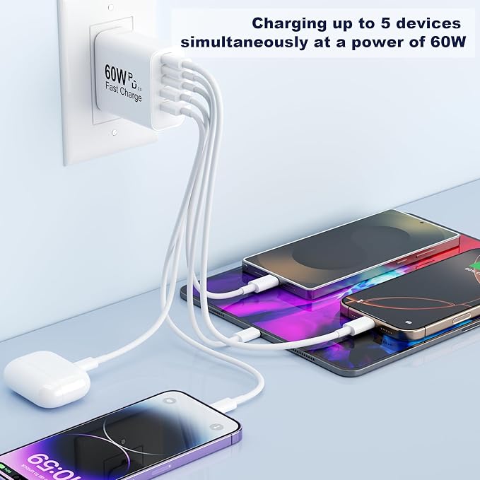 USB C Charger Block, 5 in 1 60W Charging Blocks, PD 3.0 25W Single Max Fast Charger, QC 2A USB Wall Charger for iPhone 17 16 15 14 13 12 Pro Max, iPad, iPod, Samsung, AirPods Pro, Apple Watch Series