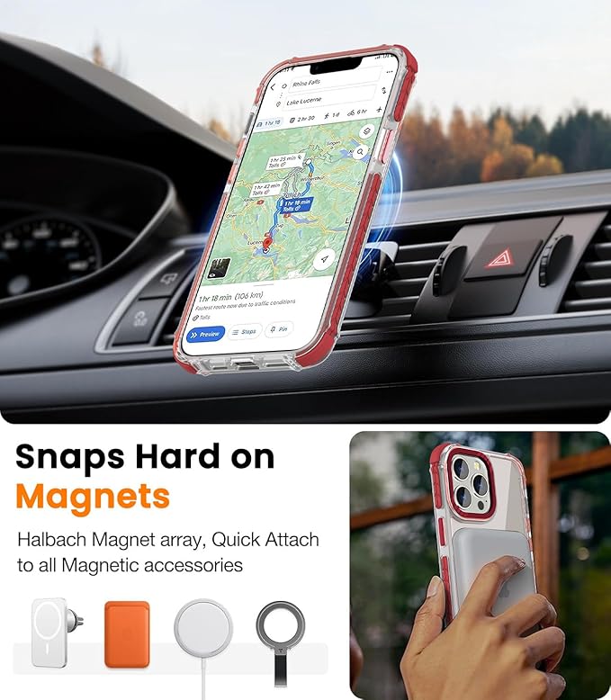 DEERLAMN Strong Magnetic Case for iPhone 15 Pro Max 6.7-Inch,[Compatible with Magsafe][Military Grade Drop Protection] Clear Slim Shockproof Protective Phone Cover-Transparent+Red