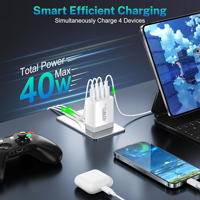 USB C Charger Block 40W Type C Fast Charging Blocks Multiport USB Wall Charger Plug Power Adapter Outlet Phone Accessories 4Port for iPhone 15 Pro Max XS, iPad, Samsung Tablet (White)