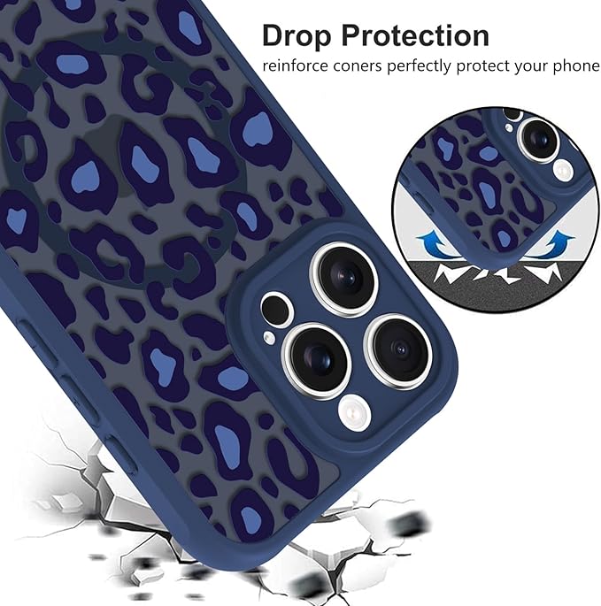 KANGHAR Case for iPhone 16 Pro Max Blue Leopard Printed Pattern Cute Cheetah [Compatible with Magsafe] Protective Magnetic Case for Girls Women 6.9"