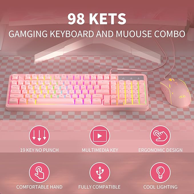 Pink Creamy Keyboard and Mouse Combo,MageGee GK980 Wired RGB Backlit Keyboard and Pink Gaming Mouse Combo,PC Keyboard and Adjustable Sensitivity Mouse for PC/loptop/MAC