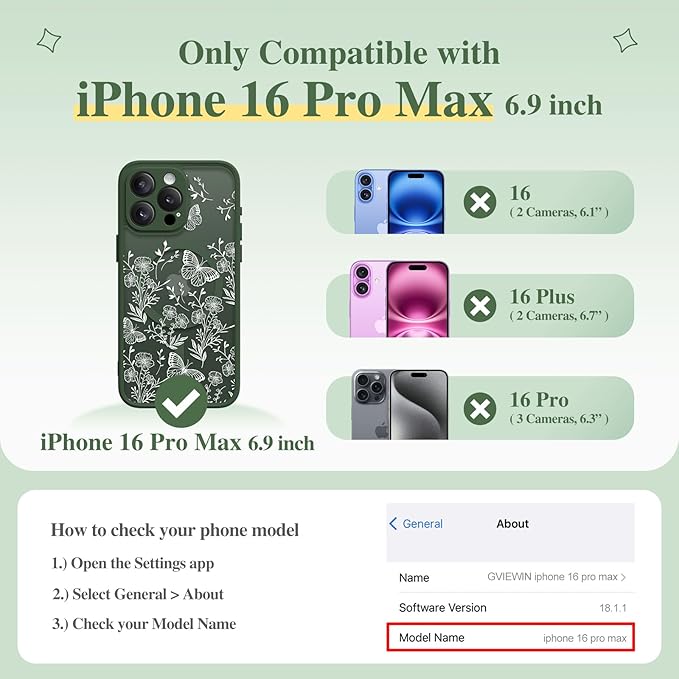 GVIEWIN for iPhone 16 Pro Max Case Compatible with MagSafe, [Military Grade Protection] [Screen Protector] Full Camera Protection Floral Translucent Women Magnetic Phone Case, Tuberose/Forest Green