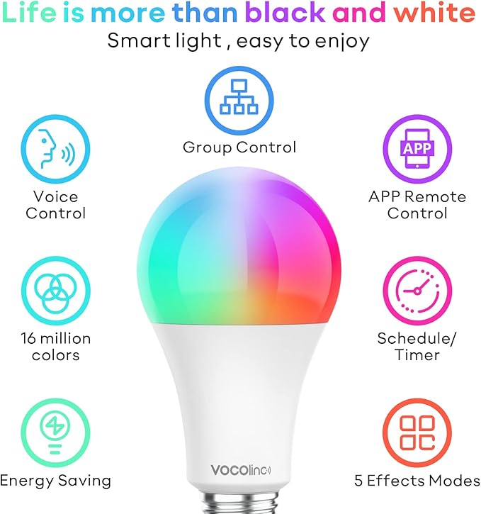 VOCOlinc Smart Light Bulb Works with Apple Homekit, Alexa, Google Home, Full Color Changing WiFi LED Bulbs, 850 Lumens Dimmable Multicolor 2200K-7000K, A21, 9.5W, 2 Pack