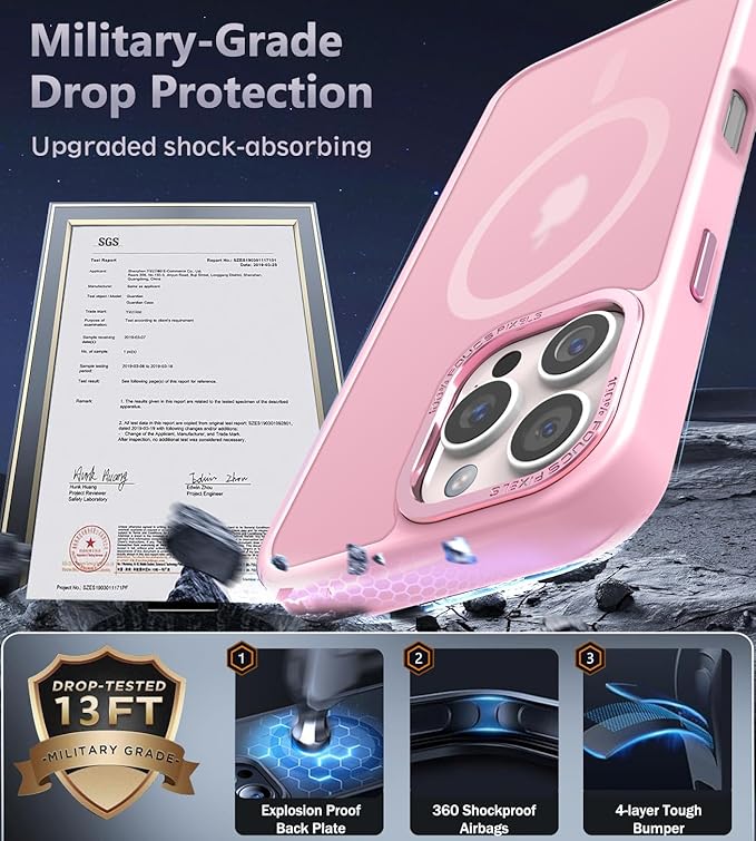 Newfuture Designed for iPhone 16 Pro Case with Magnetic [13 FT Military Drop Protection] [Compatible with Magsafe] Slim Translucent Matte Shockproof with Anti-Fingerprint Phone Case,Chalk Pink